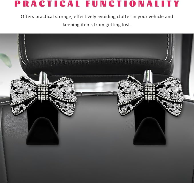 2 PCS Bling Car Headreat Hook, Crystal Rhinestone Bow Hanger Multifunctional Rear Seats Storage Organizer, Vehicle Sparkling Diamond Seat Headrest Hooks for Handbag Purse Coat (Black) - Image 6