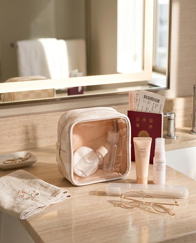 Clear Checkered Makeup Bag, Small Cosmetic Pouch with Zipper Mini Waterproof Makeup Purse Organizer Cute Cosmetic Bag Travel TSA Approved Toiletry Bag Car Organizer for Women Girls (Beige) - Image 8
