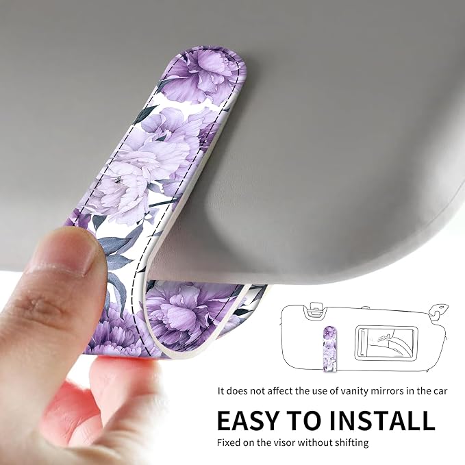 Leather Magnetic Sunglass Holder for Car Sun Visor, Cute Eyeglass Ticket Card Hanger Clip, Universal Auto Interior Accessories for SUV Pickup Truck Purple Floral - Image 5