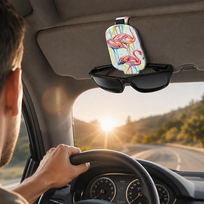 Sunglasses Holder for Car Visor, PU Leather Glasses Clip Organizer, Cute Magnetic Eyeglass Holder for Vehicle Sun Visor, Car Interior Accessory for Women & Men, Rainbow Flamingos - Image 6