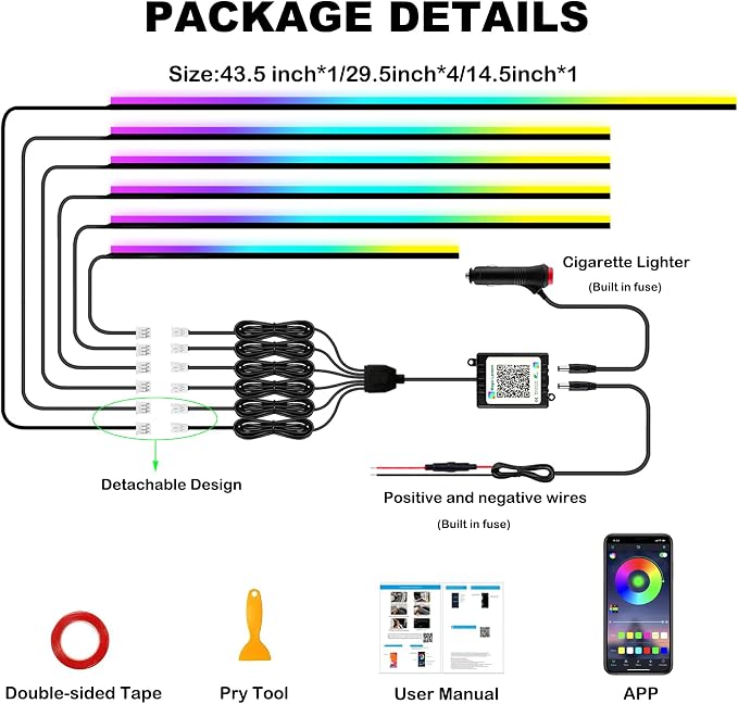 Interior Car LED Strip Lights with Wireless APP, Ambient Lighting Kits with Dynamic Dreamcolor Chasing, 16 Million Colors Acrylic LED Lights for Car, Sound Active Function Car Neon Lights (6 in 1) - Image 8
