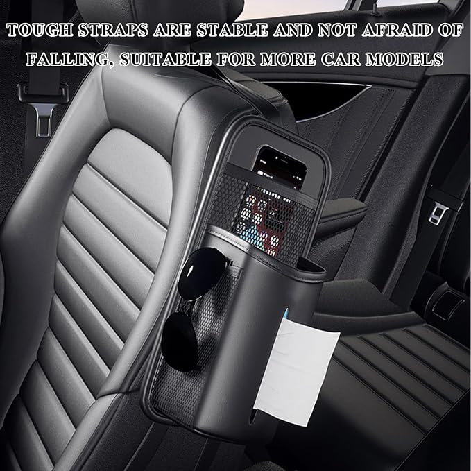 Car Tissue Holder, Seat Side Hanging Bag Rectangle Tissue Box Cover with Mesh Net Pockets, Leather Front Seat Side Tissue Dispenser for 100 Count Napkin, Phone, Coins - Image 6