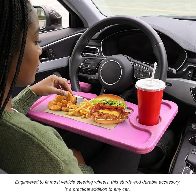 2 in 1 Car Steering Wheel Desk, Multipurpose Auto Table with Cup Holder and Pen Slot, Portable Double Sided Design Steering Wheel Tray for Eating & Work, Car Accessories (Pink) - Image 6