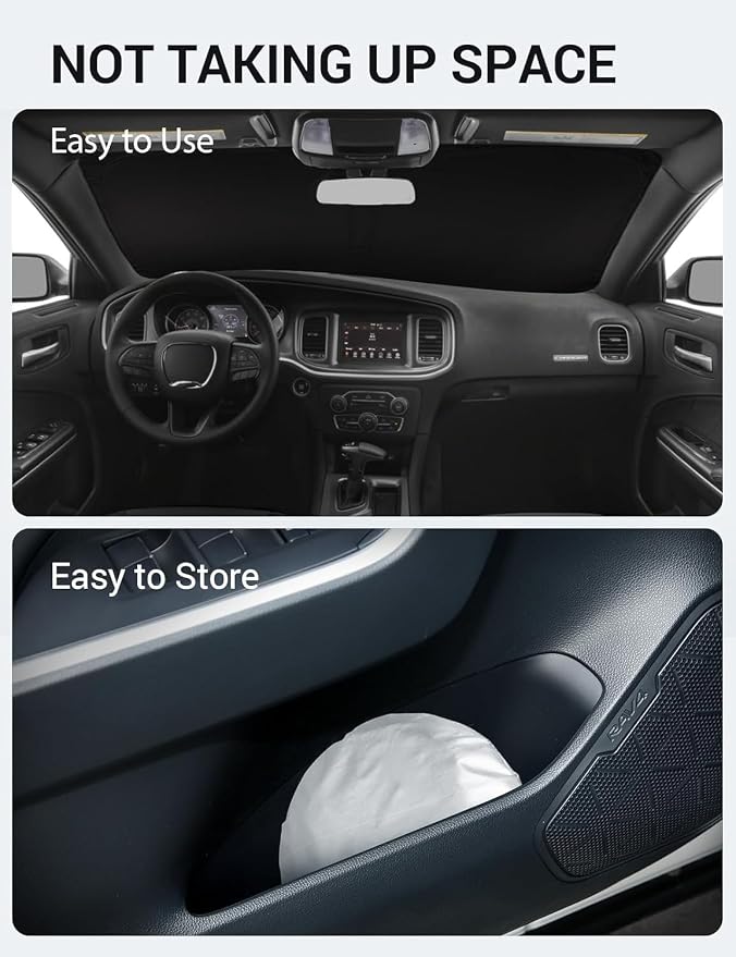 Proadsy Custom Fit Car Windshield Sun Shade for 2011-2023 Dodge Charger | 240T Heat Shield, Drops Temp 54°F, Blocks 99% UV, Prevents Dashboard Cracking, Summer Parking & Beach Trips, Easy Twist-Fold - Image 9