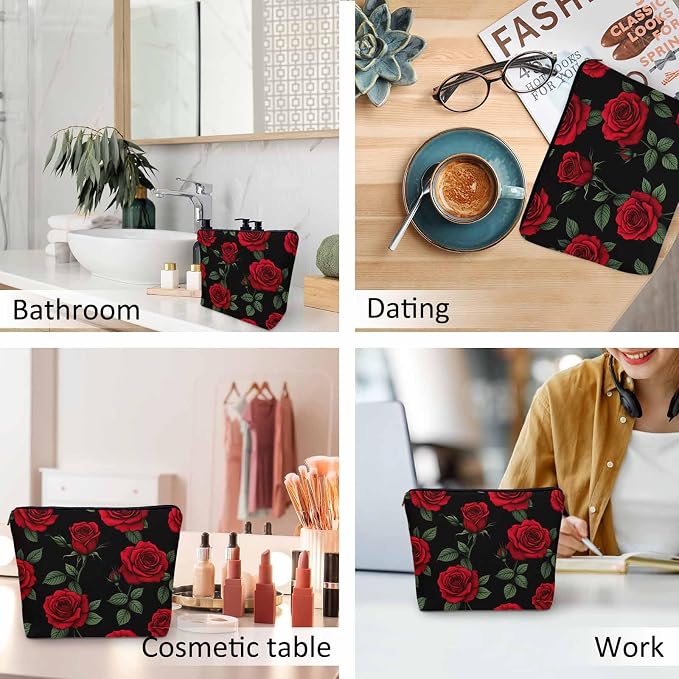 Woman Rose Makeup Bag - Blossom Flower Roses Red Travel Cosmetic Bags Toiletry Makeup Organizer Pencil Pouch For Owners Lady Birthday Gifts - Image 6