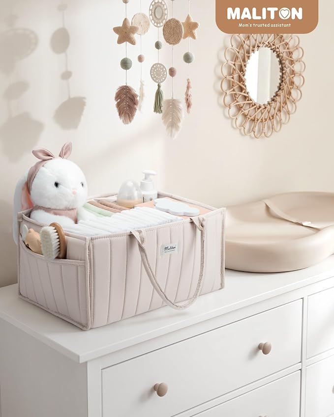 Maliton Baby Diaper Caddy Organizer with 2 Side Pockets, Portable, Beige | with Handle and Removable Dividers, Nursery Storage Basket, Car Organizer for Diapers & Wipes. Boy & Girl Shower Gift - Image 8