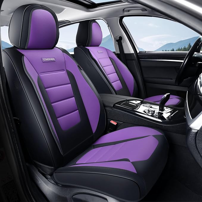 Coverado Car Seat Covers Full Set, Nappa Leather Seat Covers for Cars, Car Seat Protector Car Seat Cushion, Front and Back Seat Protectors Cushions Universal Fit for Most Cars Vehicles(Black&Purple) - Image 9