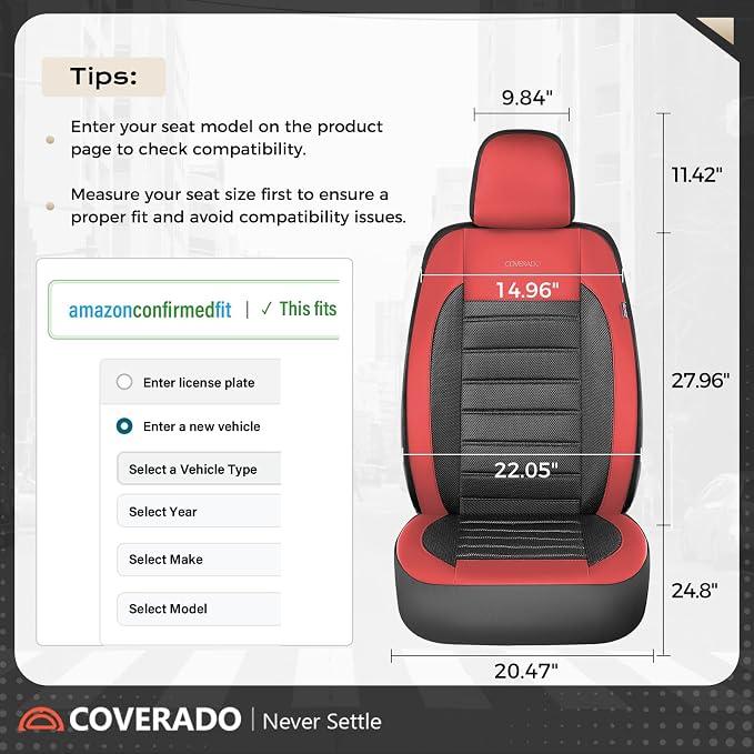 Coverado Car Seat Covers Full Set, Luxury Leather Car Seat Covers, Automotive Front and Rear Mesh Seat Covers, Full Set 5 Seats, Black Red Seat Covers for SUV Sedan Truck - Image 8