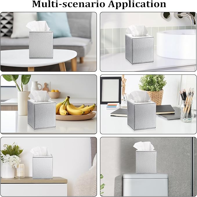 Sumnacon Tissue Box Cover Square,Magnetic Bottom Tissue Box Holder,Silver | Cube PU Leather Tissue Cover with Lychee Pattern,Decorative Tissue Box Covers for Living Room Bathroom Table Desk Office Car - Image 6