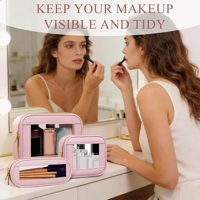 3-Piece Travel Clear Makeup Bag Set, Small Cosmetic Bag with Makeup Brush Case, Leather Waterproof TSA Approved Toiletry Bag with Zipper, Car Organization for Women (Pink-2, Mini+Slim+Medium) - Image 7
