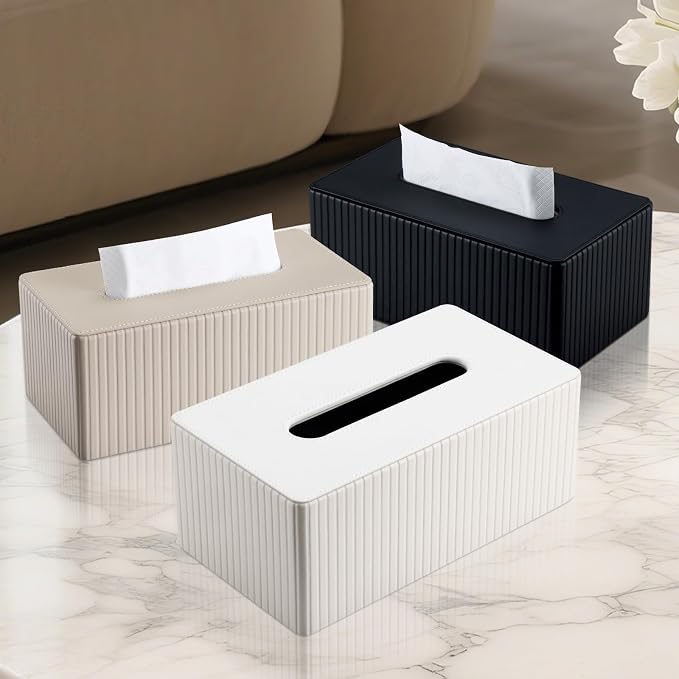 KINGFOM PU Leather Tissue Box Cover Rectangular Tissue Box Holder with Magnetic Bottom, Napkin & Facial Tissue Holder Dispenser for Home, Office for Standard 120-count/160-count (2-Ply) White Stripe - Image 9