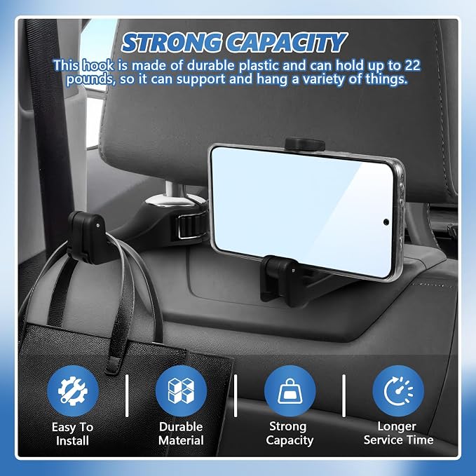 2PCS Car Headrest Hidden Hook, 2 in 1 Car Seat Hook with Phone Holder, Auto Back Seat Hanging Hook for Handbag Clothes Grocery, Universal Vehicle Purse Hooks Holder Organizer (Silver) - Image 6