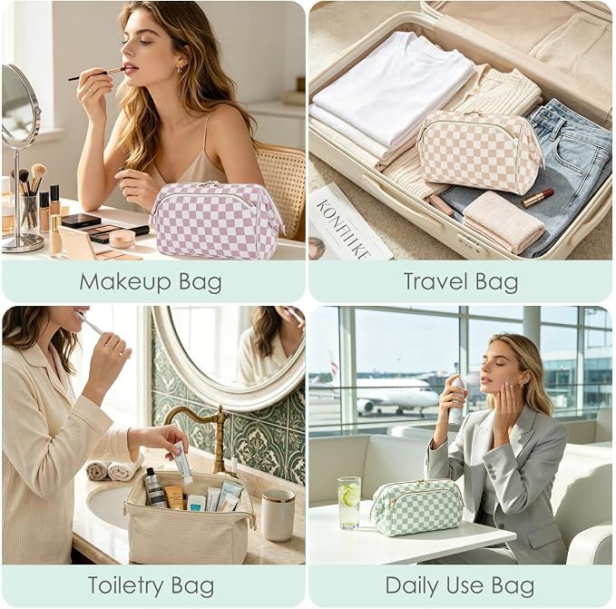 Fammart Travel Makeup Bag for Women, Waterproof Checkered Cosmetic Cosmetic Bag Make Up Organizer Case, Large Wide-open Toiletry Bag for Skincare, Brushes, Bathroom & Travel Essentials - Image 9