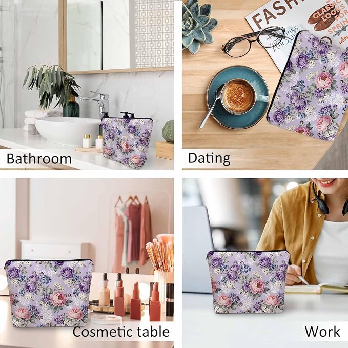 Rose Purple Makeup Bags Makeup Organizer, Vintage Blossom Flowers Rose Flax Toiletry Bags Travel Cosmetic Bag Makeup Purse Pouch Skincare Bag Wallet Bags For Women Female Mom Daughter - Image 6
