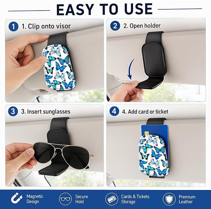 Leather Magnetic Sunglass Holder for Car Sun Visor, Cute Eyeglass Ticket Card Hanger Clip, Universal Auto Interior Accessories for SUV Pickup Truck, Blue Butterfly - Image 5
