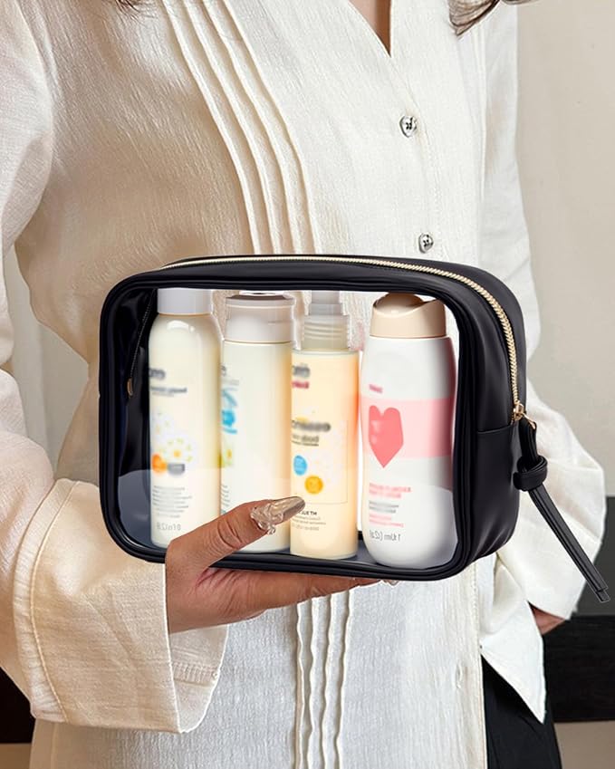 3Pcs Travel Clear Makeup Bag Set for Women, Transparent Toiletry Bag with Zipper Portable Makeup Pouch Organizer Waterproof Small Cosmetic Bag Compact Car Bag Organizer Car Accessories (Black Set) - Image 8