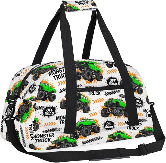 Gym Travel Duffle Bag for Boys - Kids Overnighter Weekend Bag with Front Zipper Pocket for School Practice, Green Monster Car Trucks Teens Carry-On Size Sleepover Bags - Image 7