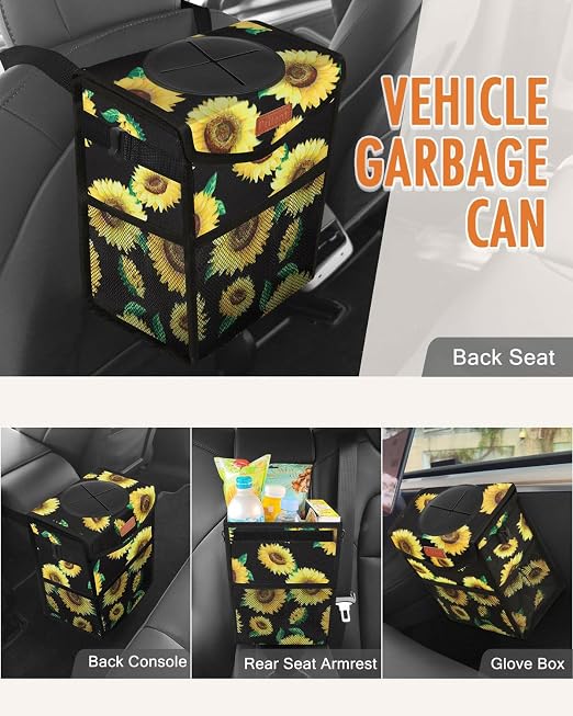 Pritent Car Trash Can with Lid Leakproof Car Garbage Bag Vehicle Trash Bin | Hanging Automotive Garbage Can,Multipurpose Car Accessories for Women Men Interior Car Storage Organizer(2.8 Gal,Sunflower) - Image 6