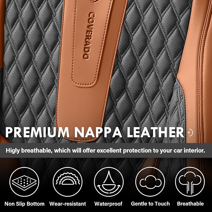 Coverado Car Seat Covers Full Set, Nappa Leather Seat Covers for Car, Waterproof Car Seat Protector with Lumbar Support, Automotive Seat Covers Universal Fit for Most Cars SUV Trucks (Brown-Black) - Image 7