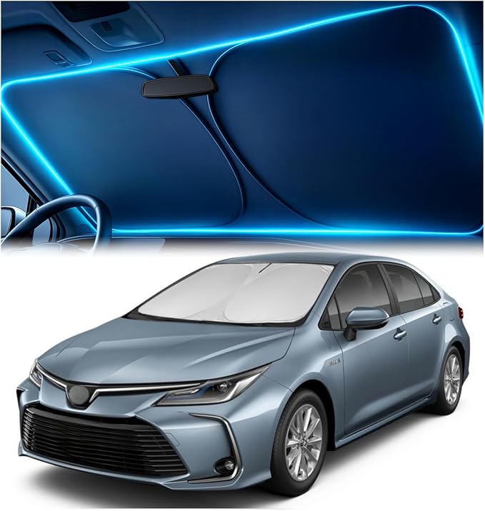 Windshield Sun Shade for Toyota Corolla 2020-2026 – Custom Fit Sun Shield with Mirror Cut‑Out, Blocks Heat & UV, Foldable with Storage Pouch - Toyota Corolla Windshield Sunshade by Autopect