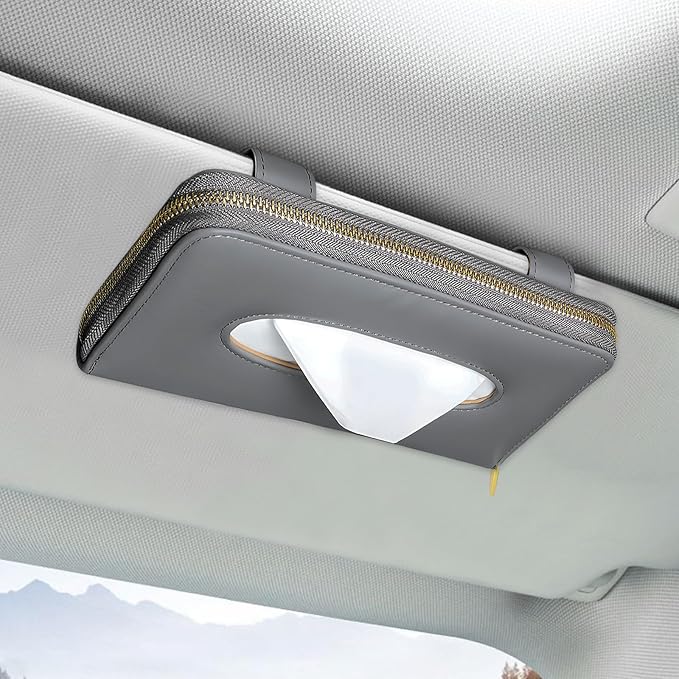 Car Tissue Box, Leather Auto Sun Visor Napkin Case Tissue Case Holder with Zipper, Sunvisor Paper Towel Storage Box Napkin Organizer for Most Vehicles, Car Accessories (Gray) - Image 6