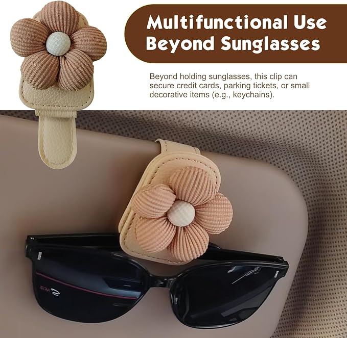 1 PC Floral Design Car Visor Sunglasses Clip, Clip-On Leather Cute Flower Eyeglass Holder, Stable Car Visor Accessory for Women, Universal for Most Cars (Brown) - Image 7