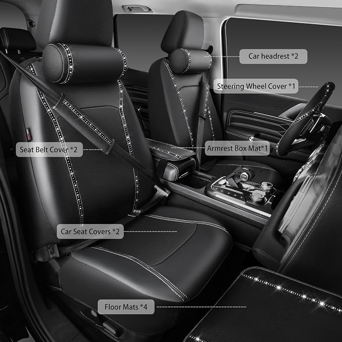 CAR PASS 14 PCS Bling Diamond Car Accessories Set for Women, Leather Seat Covers Front Seats Sparkly Rhinestone 15'' Steering Wheel Covers Shining Diamond Car Floor Mats Cute Interior Sets, Silver - Image 9