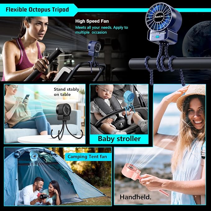 2 Pack Multifunctional Portable Stroller Fan 4 Speed 6600rpm High Speed Usb Rechargeable Personal Mini Handheld Fan Extended Tripod For Desktop Winding Kids Bed Treadmill Bike Golf Cart Outdoor Travel - Image 6