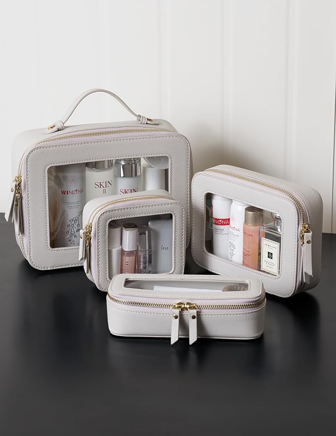 Clear Makeup Case Set Toiletry Bag Travel Large Clear Cosmetic Bag with Zipper, Big Make Up Bag Organizer Women Traveling TSA Approved Transparent Bag Car for Essentials, Beige Grey - Image 8