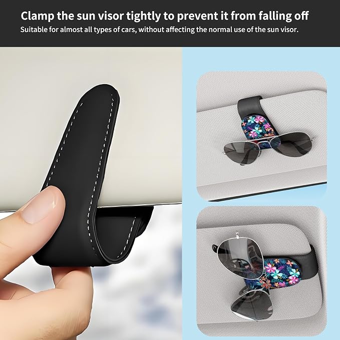 Sunglasses Holder for Car Visor, PU Leather Glasses Clip Organizer, Cute Magnetic Eyeglass Holder for Vehicle Sun Visor, Car Interior Accessory for Women & Men Tropical Neon Flowers - Image 5