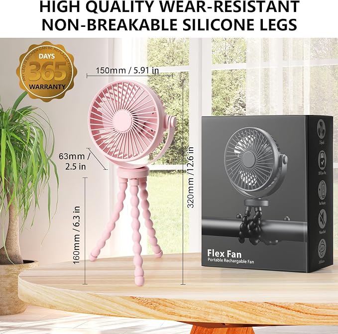 snawowo Mini Handheld Personal Portable Fan, Baby Stroller Fan Pink | Car Seat USB or Battery Powered, with Flexible Tripod Clip on Student Bed Desk Bike Crib Treadmill Camping Traveling - Image 6