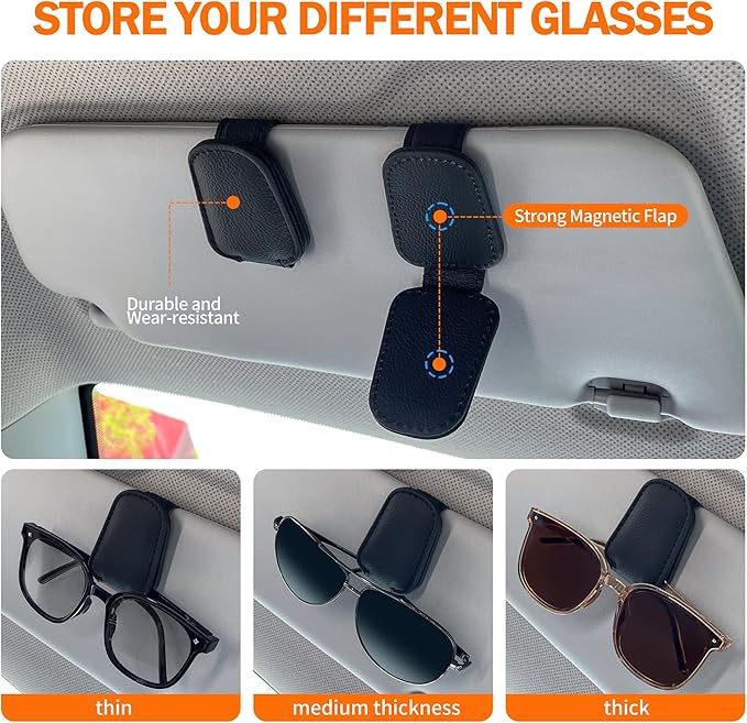 Shering Sunglasses Holders for Car Sun Visor, 2pack Magnetic Leather Glasses Eyeglass Hanger Clip for Car, Ticket Business Card Clip Eyeglasses Mount Car Visor Accessories (Grey) | Magnetic Leather Eyeglass Hanger Clip for Car Visor, One-Hand Easy Oper... - Image 5