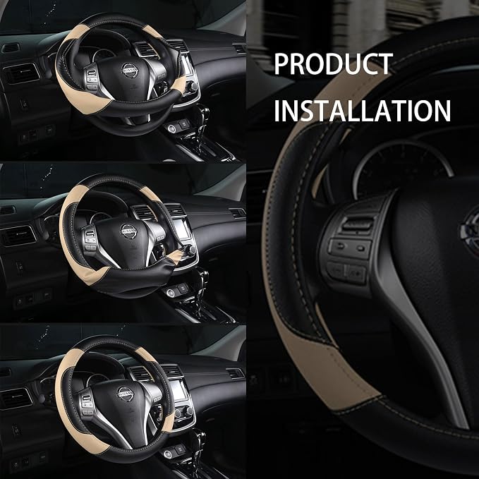 Leather Steering Wheel Cover for Ford F-150, Ram, Tundra, Tacoma, 15.5"-16" | Large-Size Fits Cars Trucks, Microfiber Leather, Anti-Slip Breathable Auto Steering Wheel Protector, Beige - Image 6