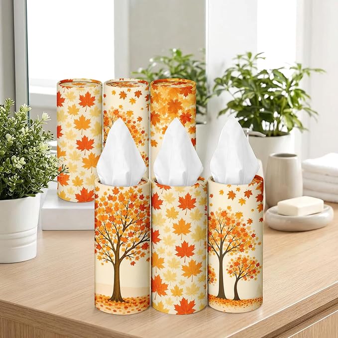 Arttown Car Tissue Holder for Cup Holder Facial Tissues 12 Pack Fall Autumn | Leaves Bulk 3-Ply,Refillable Marble Print Cylinder Tissue Boxes,Fit Car Home Office School (600 Sheets Total,50 Sheets Each) - Image 7