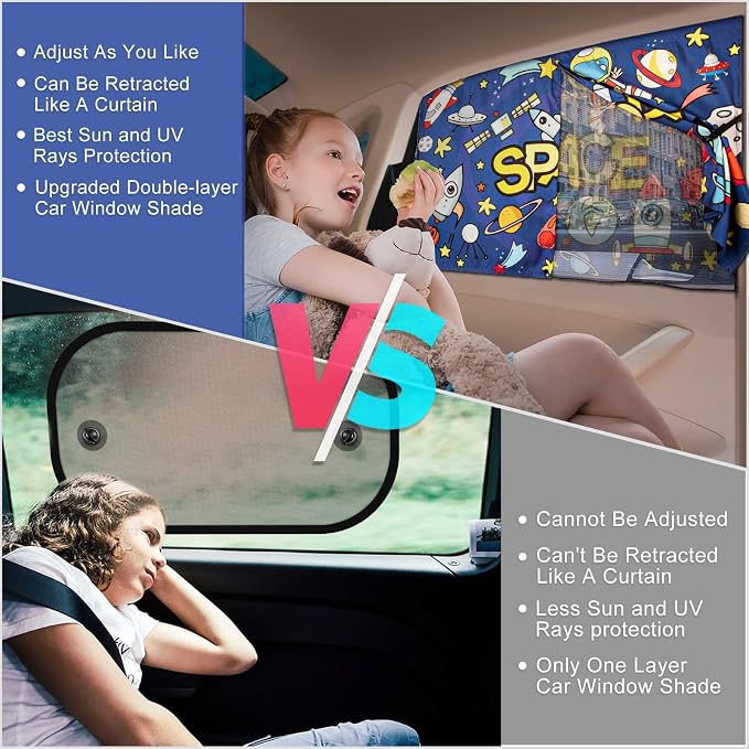 Car Sun Shade Side Window, 2pcs Magnetic Double Layer Car Window Shades for Privacy Full Covers/Half Shade Options Cute Space Pattern Side Window Curtains for Kids - Image 7