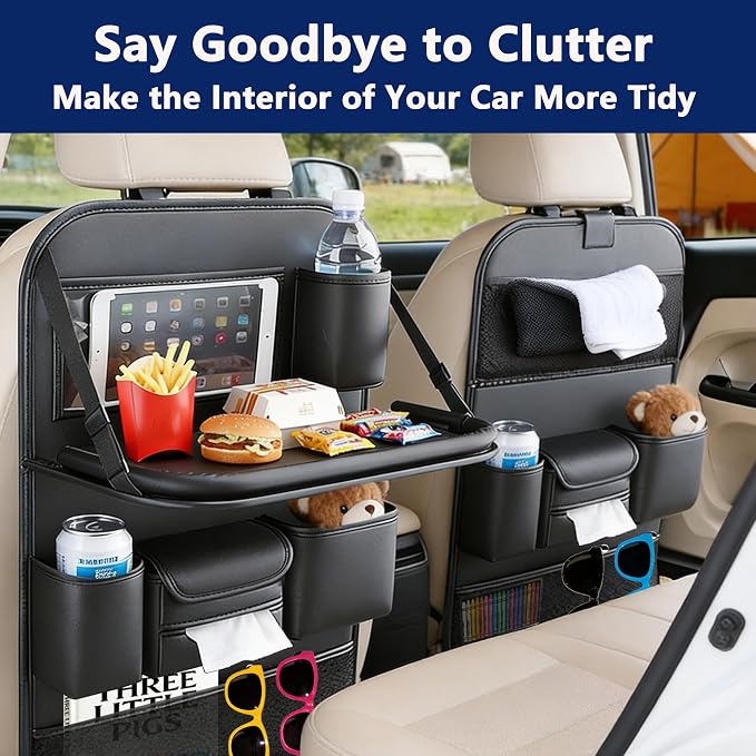 2-Pack Backseat Car Organizers with Tray, Black | Premium Car Seat Back Kick Mats, Backseat Protector Hanging Storage, Foldable Tray, 9 Deep Pockets, 21"x17"; Universal Fit - Image 8