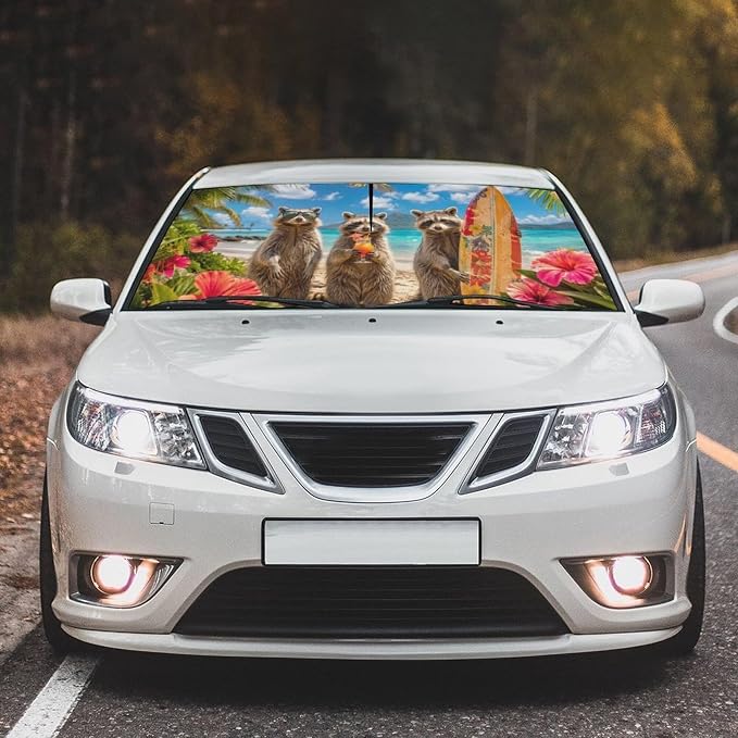 CHILL·TEK Funny Raccoon Car Windshield Sun Shade Umbrella Hawaiian Raccoon Car Sun Shade Umbrella Block UV Rays Heat Foldable Windshield Umbrella Sun Visor Protector - Keep Vehicle Cool for Cars SUV - Image 8