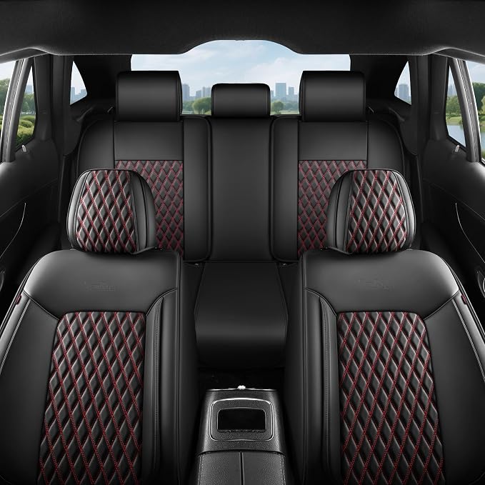 Red and Black Thick Nappa Leather Automotive Car Seat Covers Full Set | Univerasal Fit,3D Contoured,Waterproof,ThickTexture Nappa Leather,for most Suvs Trucks Sedans - Image 9