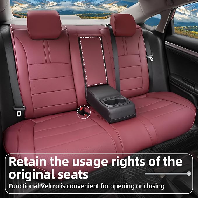 Lolcar Custom Fit Civic Seat Covers for Honda Civic Sedan 2016 2017 2018 2019 2020 2021 EX,EX-L,EX-T,Touring,LX-P,Sport - 5-Seats Leather Full Set,Burgundy(60/40 Split Seatback-with Rear Armrest) - Image 7