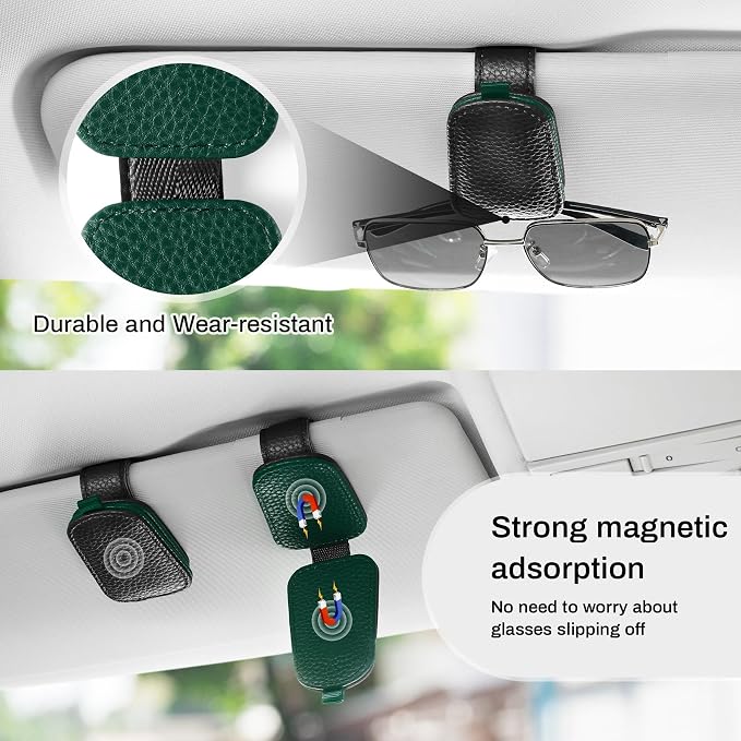 SINGARO Sunglasses Holder for Car, Leather Magnetic Buckle Sun Visor Sunglass Clip, Ticket Card Storage Glasses Clip, Car Interior Accessories for Men and Women(2PCS Black-Green) - Image 7
