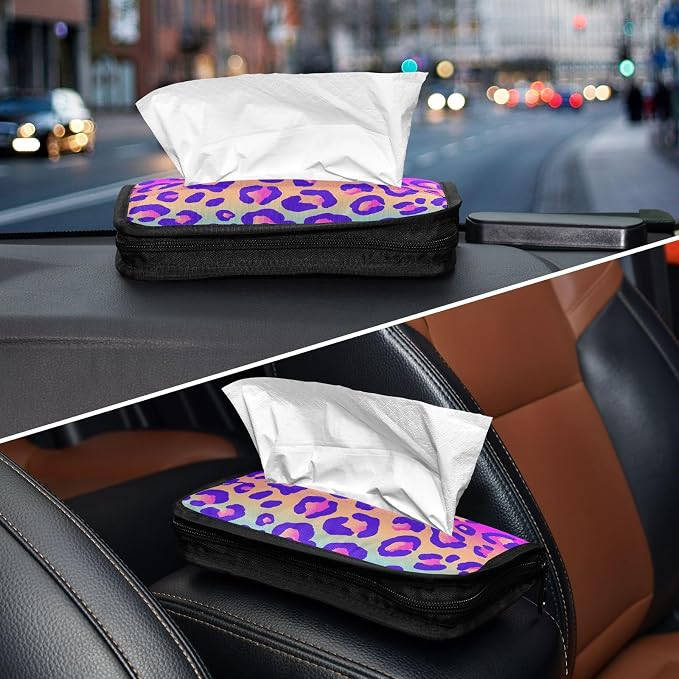 Car Tissue Holder Car Napkin Holder Tissue Box Dispenser Storage Case Sun Visor Mask Holder Accessories with Adjustable Straps Reusable Refillable Neon Gradient Leopard Print - Image 8