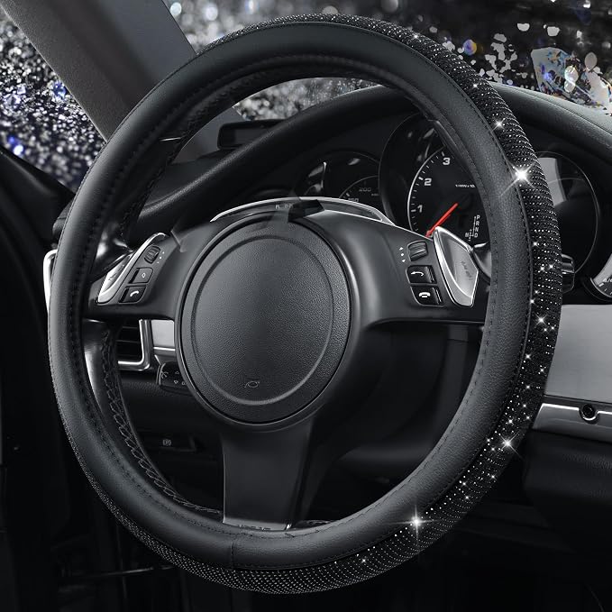 CAR PASS Bling Black Diamond Leather Steering Wheel Cover, with Sparkly Crystal Glitter Rhinestone Universal Fit 15" 1/2-16" Large Size Car Wheel Protector for Women Girl Fit Car,SUV,Van,Sedan, Black - Image 7