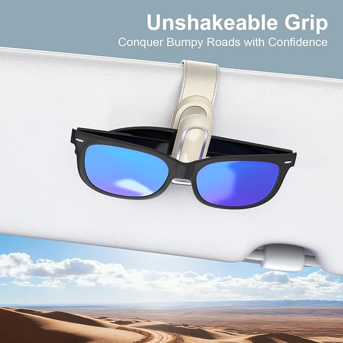 Veharvim Sunglass Holder for Car (2 Pack, One-Handed Operation, Gentle & Secure Hold, Silicone Padded, Universal Fits Sunglass and Car Visor) - Sunglasses Clip for Car Visor (Beige, 2 Pack) - Image 6