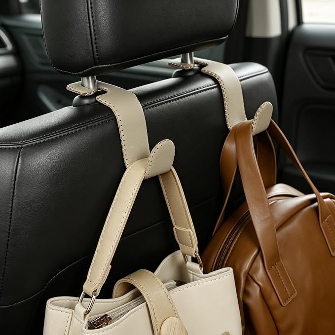 Car Seat Headrest Hook Heavy Duty 55lb Metal Hanger with Leather for Bags | Universal Vehicle Seat Back Organizer, Ergonomic Design, Hang Groceries Handbag Backpack Water Bottle, 2 Pack Beige - Image 7
