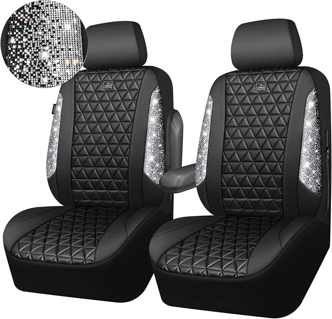 CAR PASS Bling Diamond Leather Car Seat Covers for 2 Front Interior Sets, Waterproof Shining Glitter Sparkly Crystal Universal Armrest Fit Automotive Truck SUV Cute Women Girl, Black Silver Rhinestone - Image 9