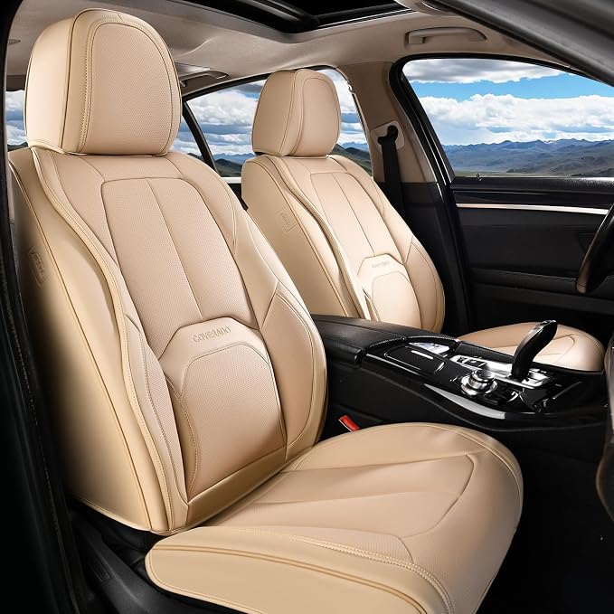 Coverado Car Seat Covers Full Set, Premium Nappa Leather Seat Covers for Car, Waterproof Car Seat Protector with Lumbar Support, Automotive Seat Covers Universal Fit for Most Cars SUV Truck(Beige) - Image 9
