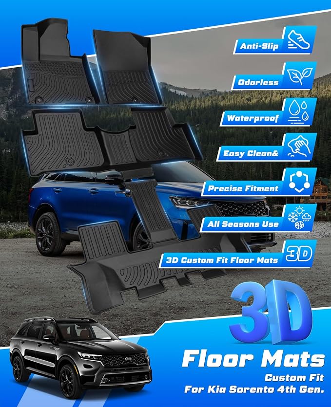 Sunsdrew Floor Mats for 2021-2026 Kia Sorento Accessories (Not for Hybrid) | Front Rear 3 Rows Car Mats, All Weather Protection, TPE Rubber, Raised Edge - Image 7