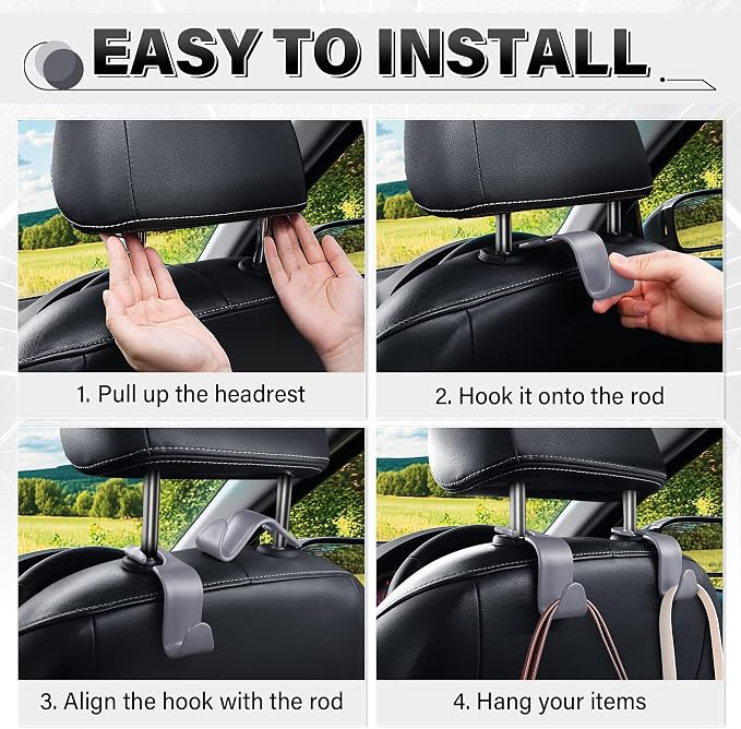 SINGARO 4 Pack Car Seat Headrest Hooks, Vehicle Back Seat Hanger Storage Organizer for Purse Handbag Backpack Coat Grocery, 360° Rotating Heavy Duty Holds 44lbs, Gray - Image 5