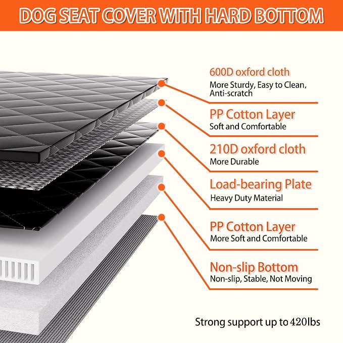 Back Seat Extender for Dogs - Large Space, Heavy-Duty Dog Car Seat Cover for Back Seat with Hard Bottom Holds 420lbs, Waterproof 600D Upgraded Material Dog Hammock - Image 7
