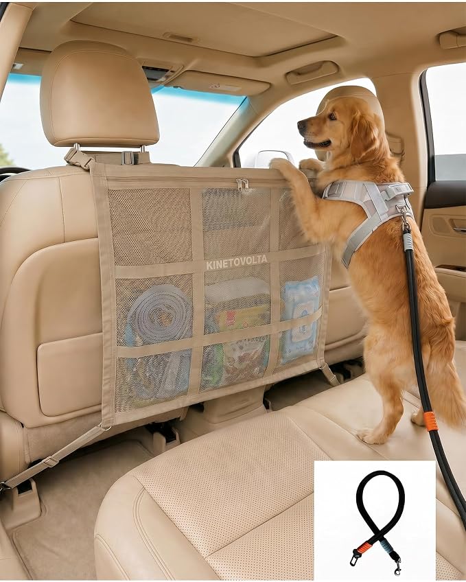 Dog Car Net Barrier, 9-Grid Reinforced, Dog car Barrier | Includes dog seat belt for car. Front & rear pockets. Breathable, easy install. Fits as dog barrier for SUV, sedans & trucks. - Image 7